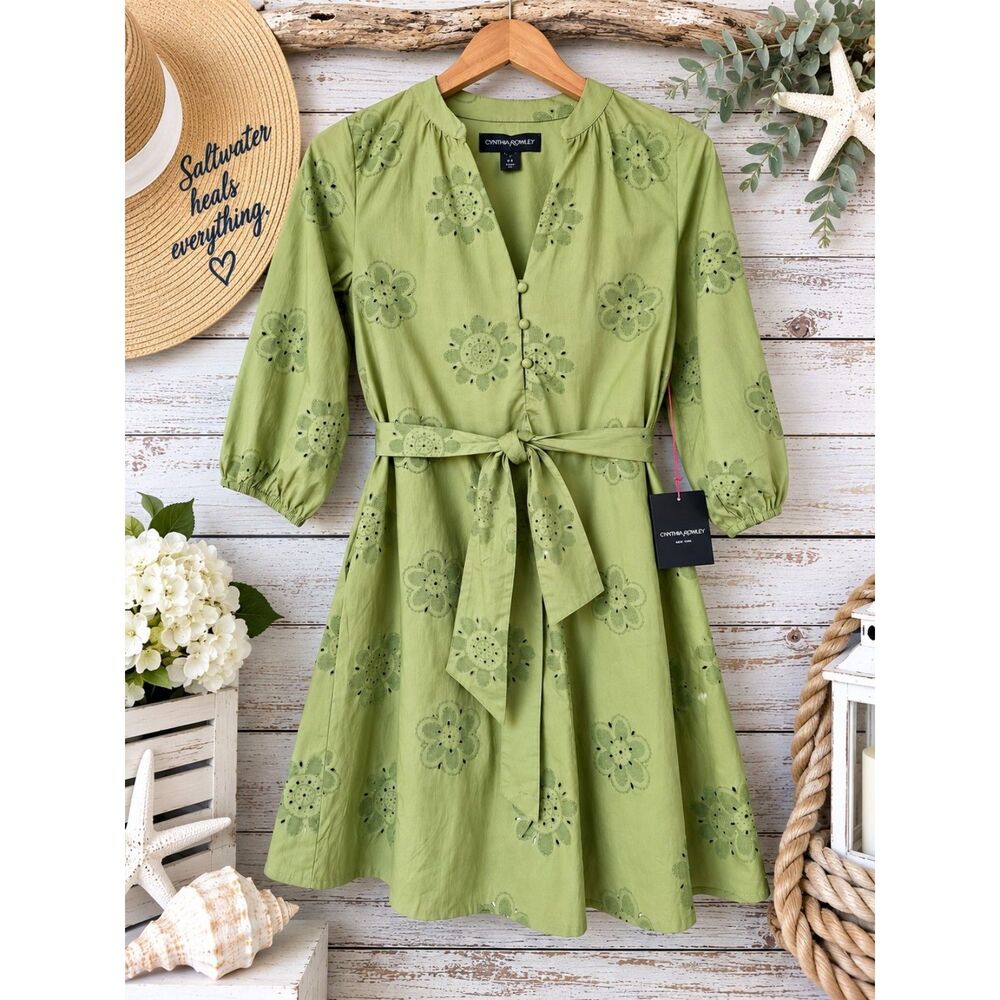 Cynthia Rowley Sage Green Eyelet Belted Cotton Dress XS NWT